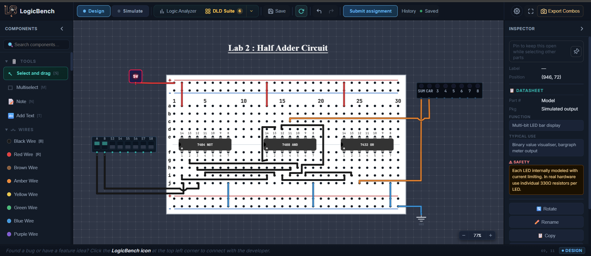 A student working on an assignment in the LogicBench simulator, with autosave status and the Submit button