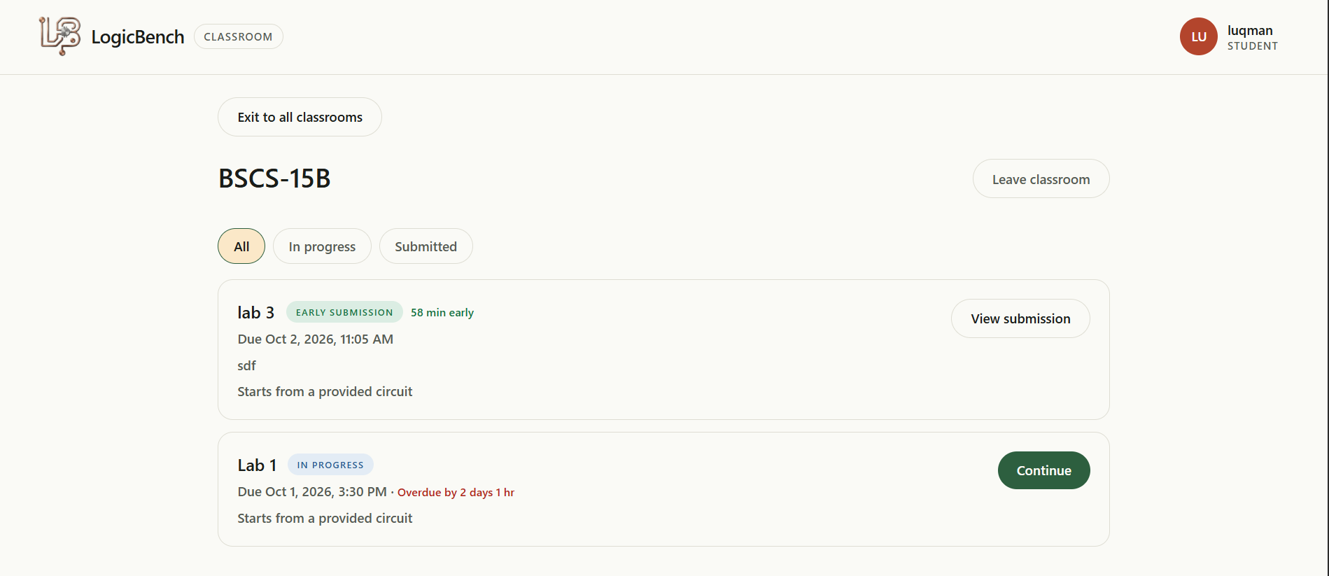 The student portal showing a list of assignments with their status