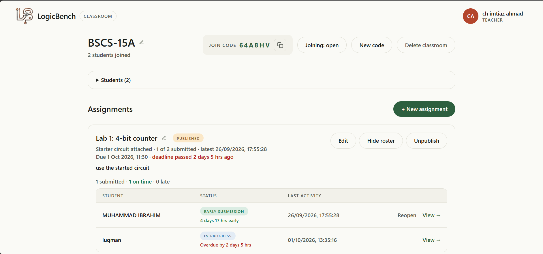 The teacher portal showing an assignment roster with each student's status and latest activity