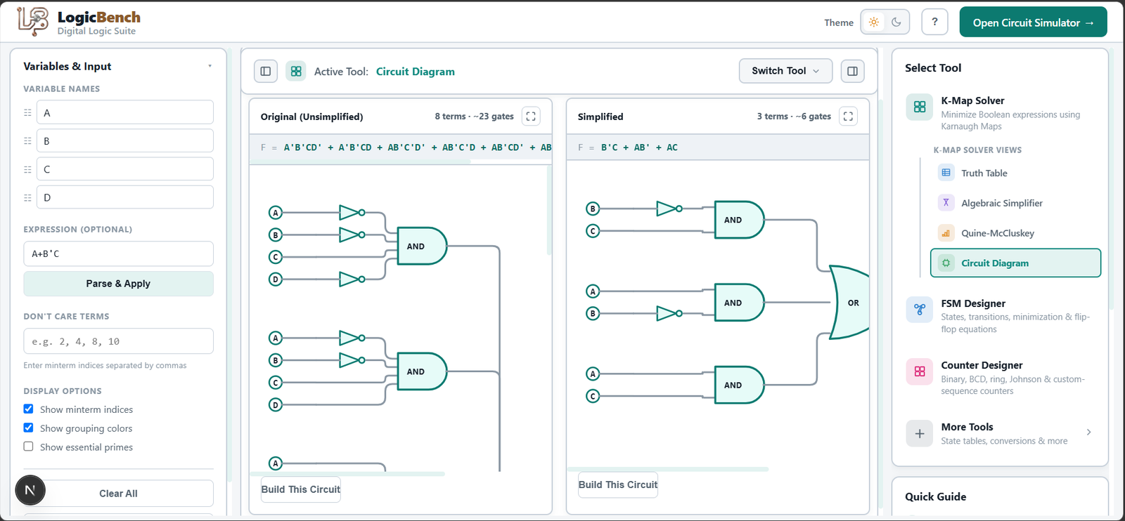 Screenshot of the LogicBench Circuit Diagram — Circuit diagram generator — original and minimized, both buildable as real ICs.