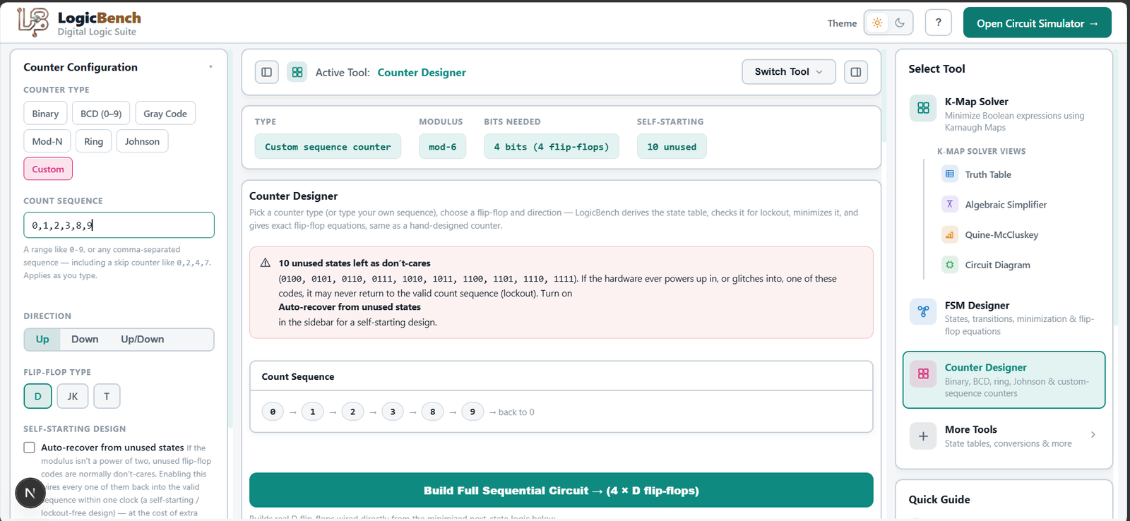 Screenshot of the LogicBench Counter Designer — Counter designer — 7 counter types, lockout-checked, built as real ICs.