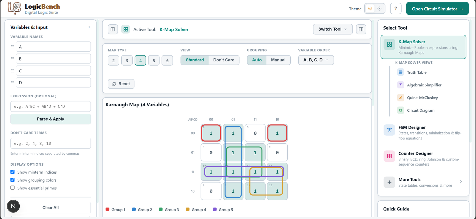 Screenshot of the LogicBench K-Map Solver — Karnaugh Map solver — minimize it, prove it, and build the real circuit.