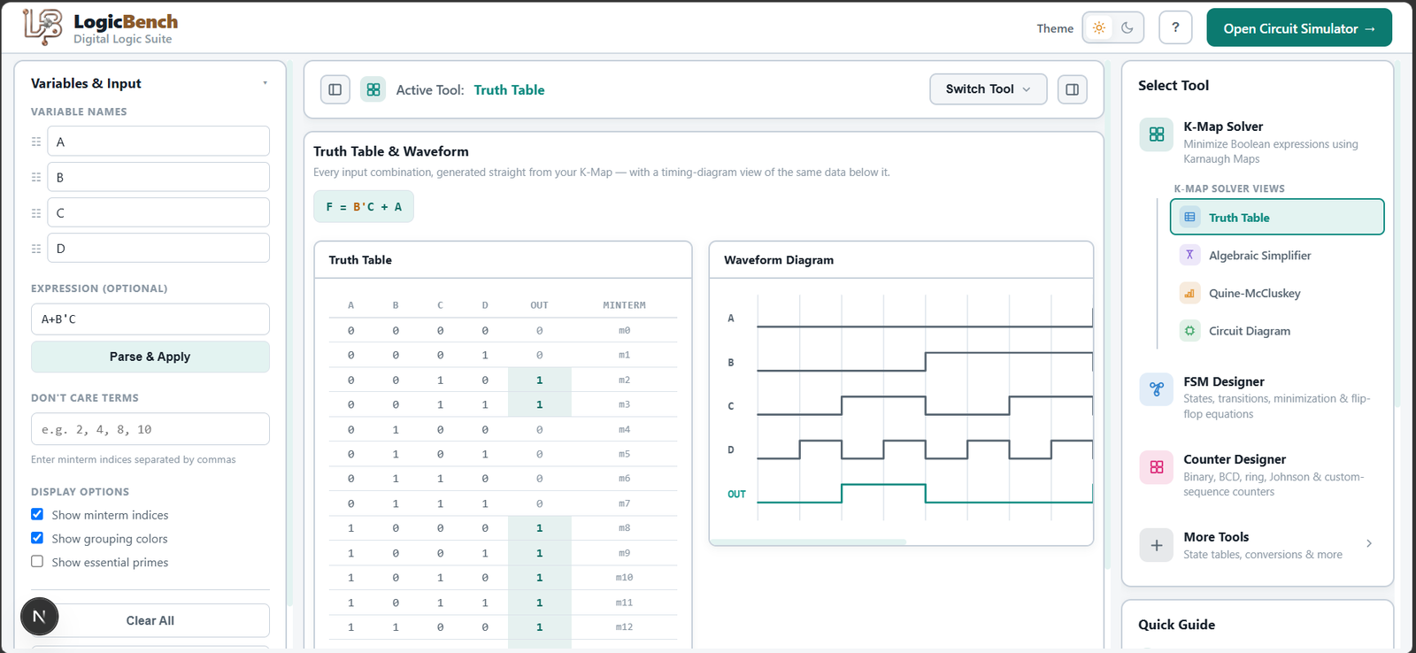 Screenshot of the LogicBench Truth Table Generator — Truth table generator — every combination, plus the waveform, instantly.