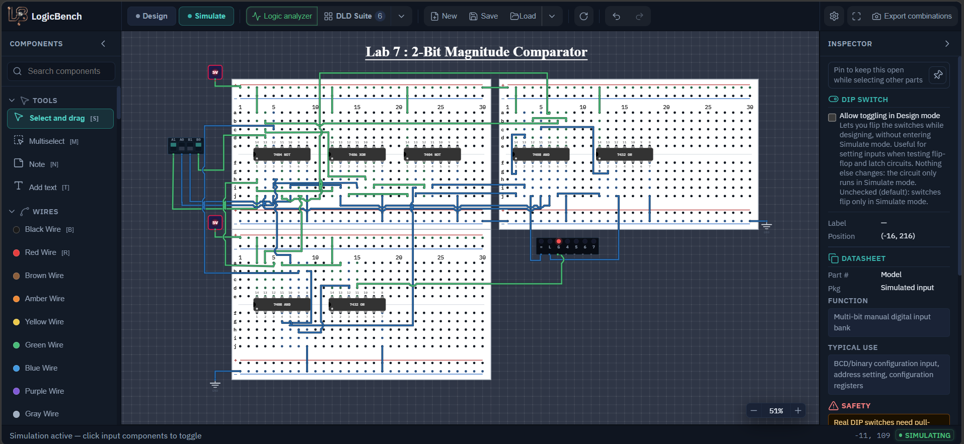 The finished Lab 7 comparator in LogicBench: seven chips on three breadboards, four switches named A1, A0, B1 and B0, and three LEDs named =, L and G.