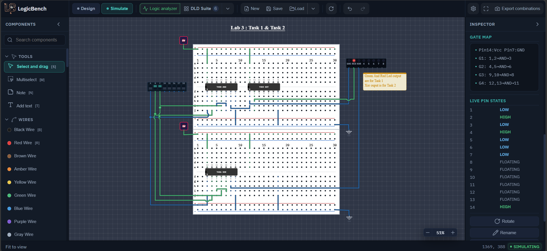 The finished Lab 3 circuit in LogicBench: a 7408 and a 7404 on one breadboard for Task 1, a 7486 on a second breadboard for Task 2, three switches on the left and three LEDs on the right.
