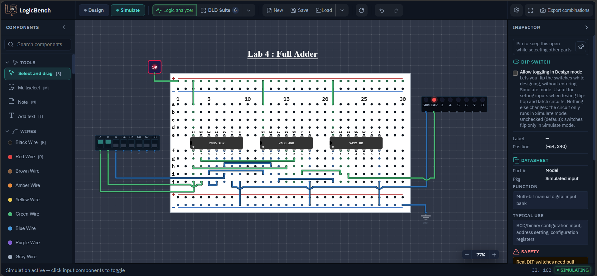 The finished Lab 4 full adder in LogicBench: a 7486, a 7408 and a 7432 on one breadboard, three switches named A, B and C, and two LEDs named SUM and CAR.