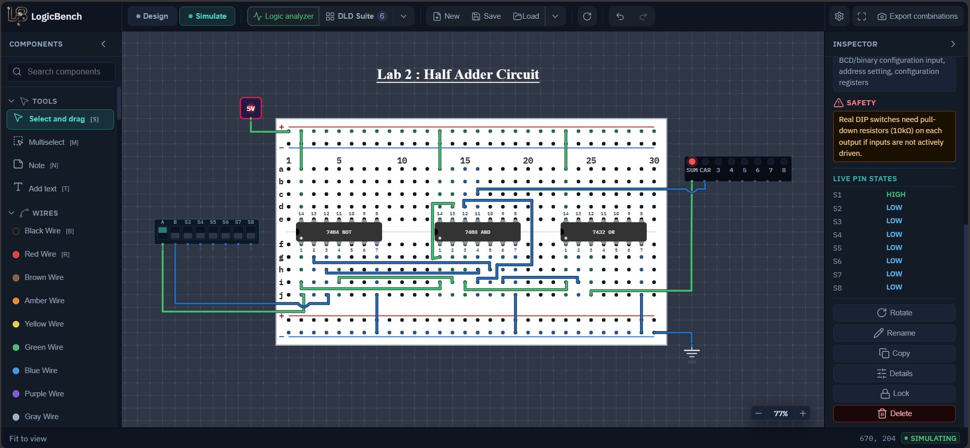 The finished Lab 2 half adder in LogicBench: 7408, 7432 and 7404 chips on a breadboard, two switches named A and B, and two LEDs named SUM and CAR.