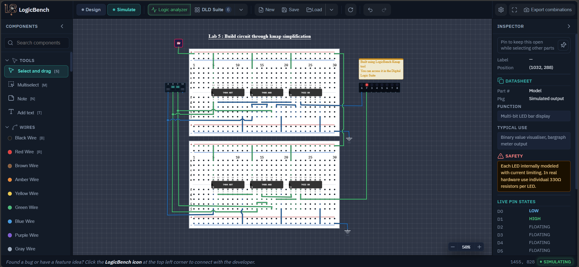The finished Lab 5 circuit in LogicBench: two breadboards, each with a 7404, a 7408 and a 7432, three switches on the left and two LEDs named F and G on the right.